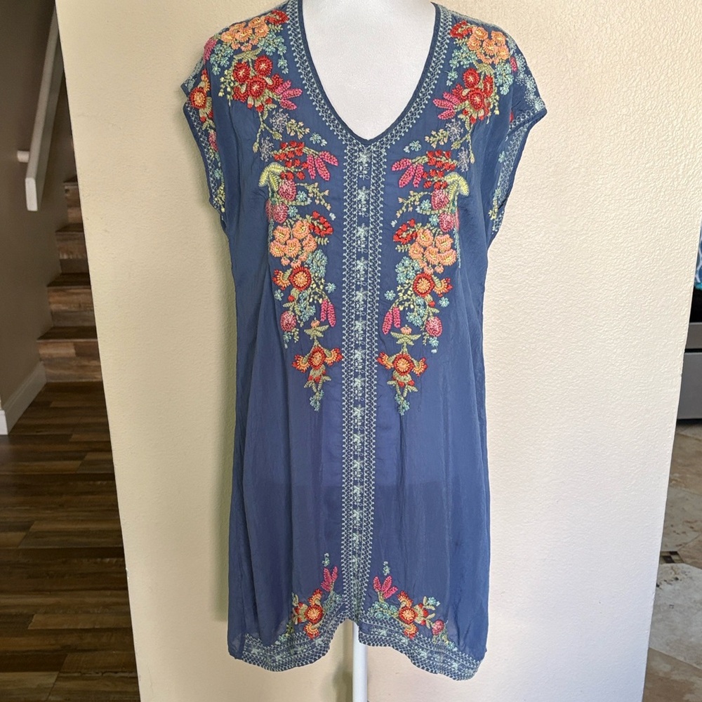 Johnny Was Blue Heidi Tunic with Floral Embroidery
